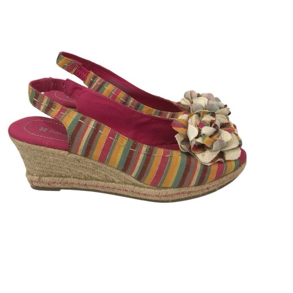 Naturalizer Espadrille Slingback Peep Toe Wedge Women 7M Pink Floral Stripe Mint